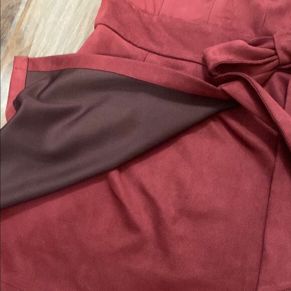 VENUS Faux Suede Maroon A-line Dress with Bell Sleeves - Picture 7 of 10